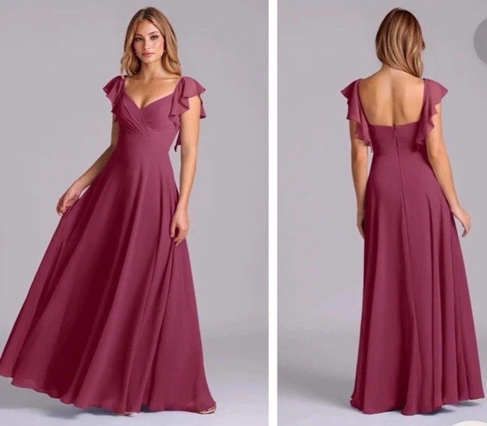 Azazie Leilani A10 Mulberry Chiffon Flutter Sleeve V-Neck Bridesmaid Dress Gala